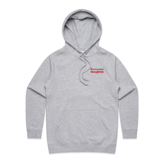 Women's style grey marle hoodie with a Heart Foundation Walking logo on the chest against a white background