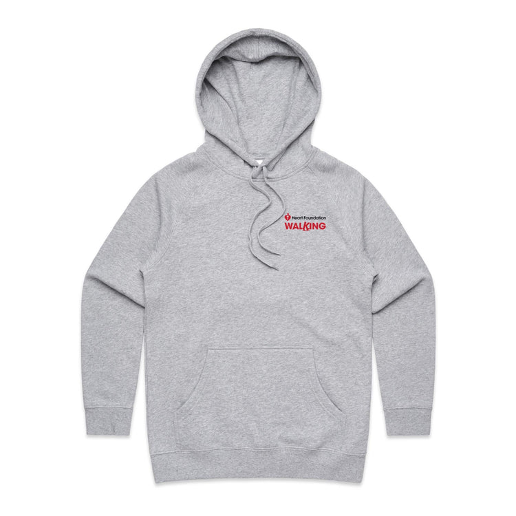 Women's style grey marle hoodie with a Heart Foundation Walking logo on the chest against a white background