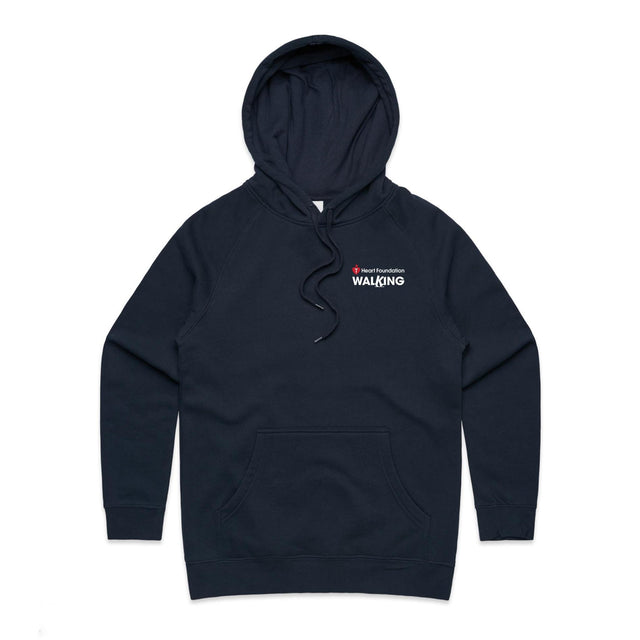 Women's style navy hoodie with a Heart Foundation Walking logo on the chest against a white background