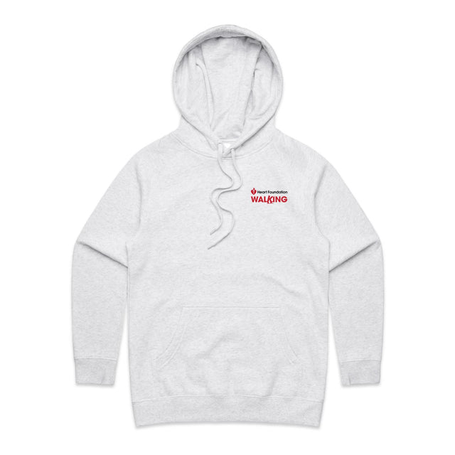 Women's style white marle hoodie with a Heart Foundation Walking logo on the chest against a white background