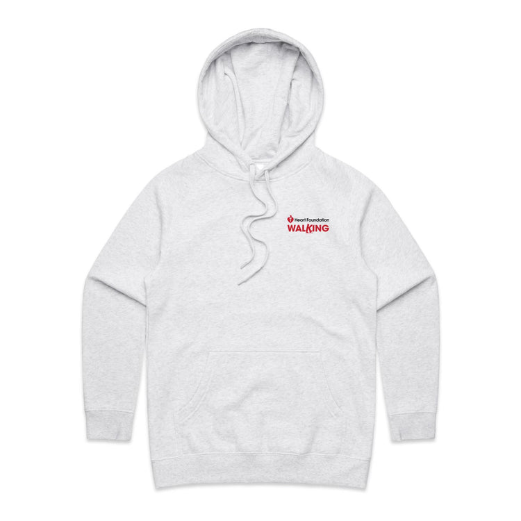 Women's style white marle hoodie with a Heart Foundation Walking logo on the chest against a white background
