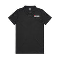 Black polo shirt with Heart Foundation Walking white logo on a light gray background