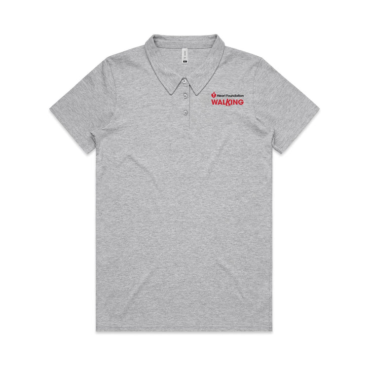 Grey marle polo shirt with Heart Foundation Walking red logo on a light gray background