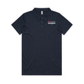Navy polo shirt with Heart Foundation Walking white logo on a light gray background