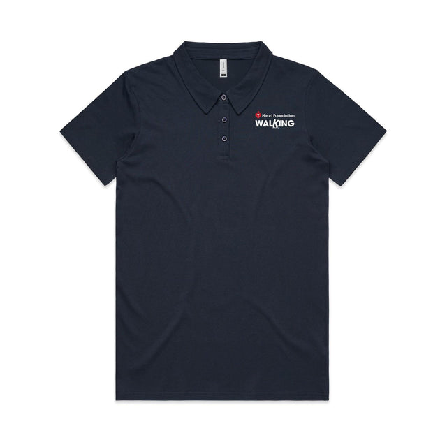 Navy polo shirt with Heart Foundation Walking white logo on a light gray background