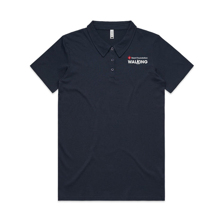 Navy polo shirt with Heart Foundation Walking white logo on a light gray background