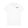 White polo shirt with Heart Foundation Walking red logo on a light gray background