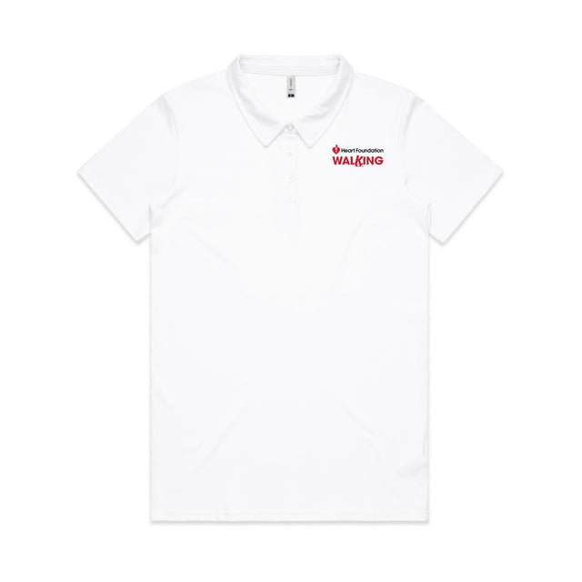 White polo shirt with Heart Foundation Walking red logo on a light gray background