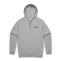 Grey marle unisex style hoodie with red Heart Foundation Walking logo. Featured on grey gradient 