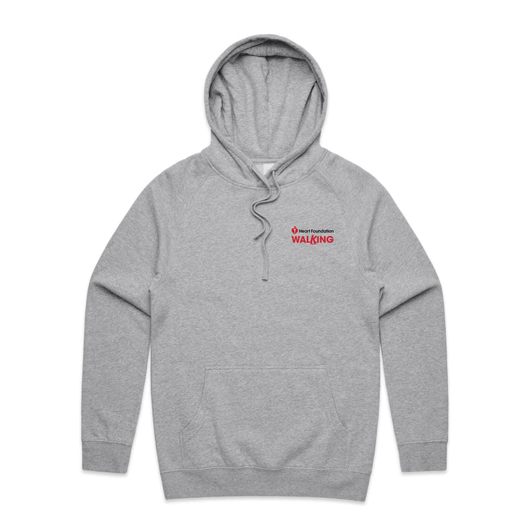 Grey marle unisex style hoodie with red Heart Foundation Walking logo. Featured on grey gradient 