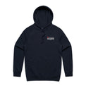 Navy unisex style hoodie with white Heart Foundation Walking logo. Featured on grey gradient background.