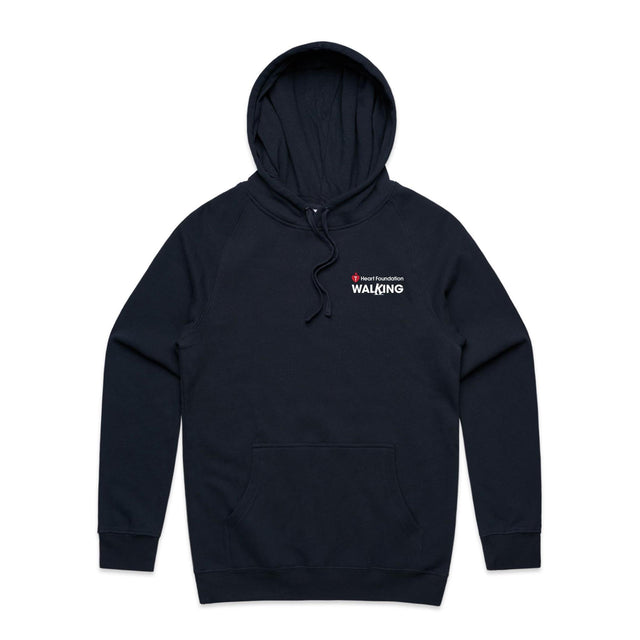 Navy unisex style hoodie with white Heart Foundation Walking logo. Featured on grey gradient background.