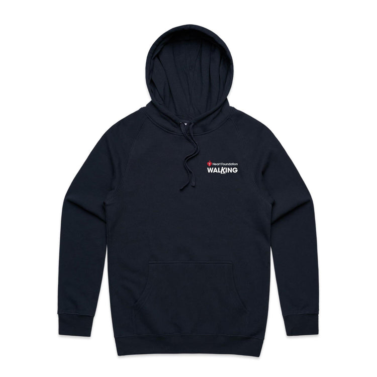 Navy unisex style hoodie with white Heart Foundation Walking logo. Featured on grey gradient background.