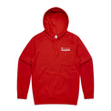 Red unisex style hoodie with white Heart Foundation Walking logo. Featured on grey gradient background.