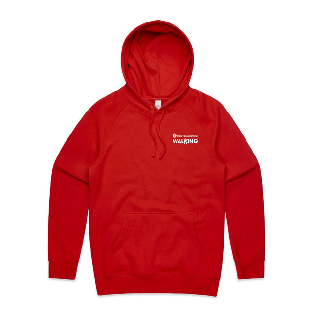 Red unisex style hoodie with white Heart Foundation Walking logo. Featured on grey gradient background.