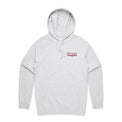 White marle unisex style hoodie with red Heart Foundation Walking logo. Featured on grey gradient background.