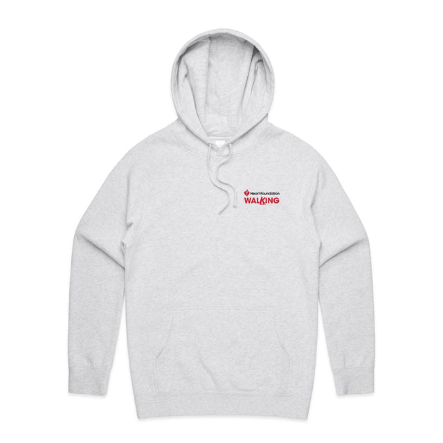 White marle unisex style hoodie with red Heart Foundation Walking logo. Featured on grey gradient background.