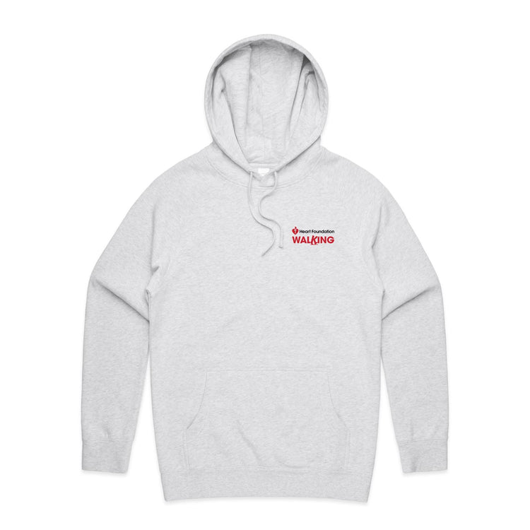 White marle unisex style hoodie with red Heart Foundation Walking logo. Featured on grey gradient background.