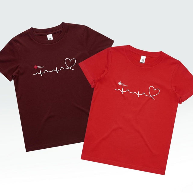 Two t-shirts, one burgundy and one red, with a heart and line design on a white background.