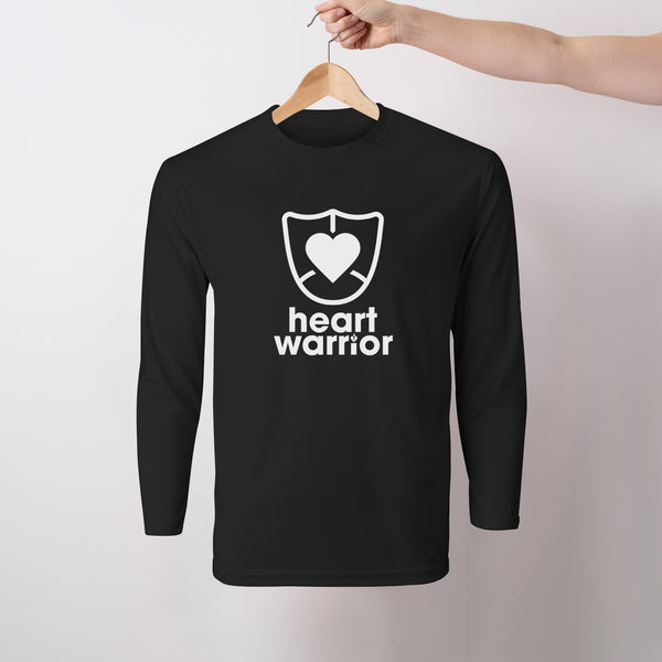 Mens/unisex long sleeve t-shirt displayed on hanger featuring Heart Warrior print centre chest.