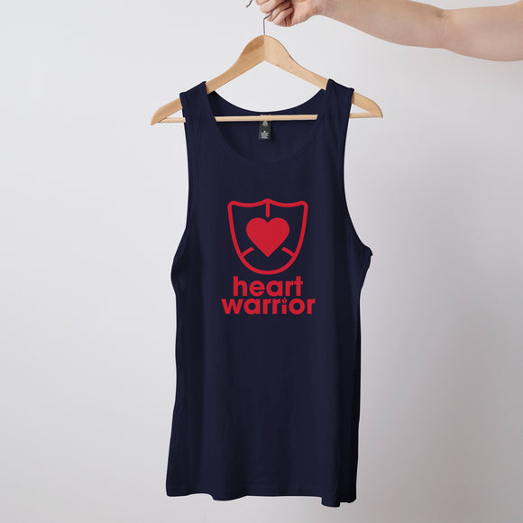Navy Heart Foundation mens tank with heart warrior design in red print and displayed on hanger.