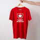 Red mens/unisex short sleeve Heart Foundation t-shirt displayed on hanger with Heart Warrior print to centre chest.