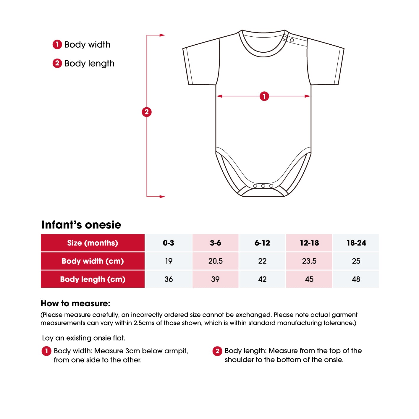 Measurement chart for infant's onesie with dimensions and size chart.