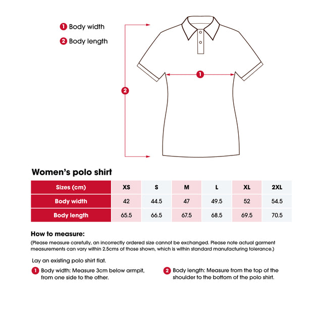 Measurement guide for a women's polo shirt showing a simple line drawing with arrows marking body width, body length, and body length, plus a size chart table from XS to 2XL in centimeters.
