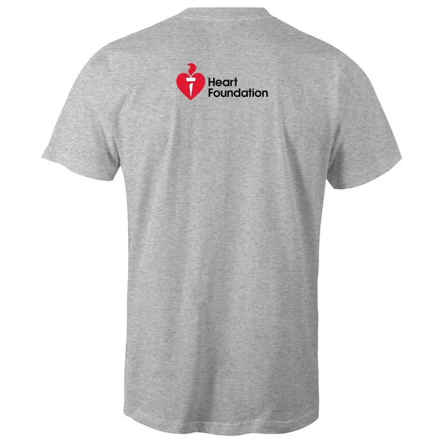 Gray t-shirt with Heart Foundation logo on the back against a white background