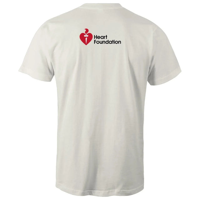 Natural colour t-shirt with Heart Foundation logo on the back against a white background