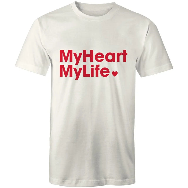 Natural colour t-shirt with red text 'MyHeart MyLife' on a white background