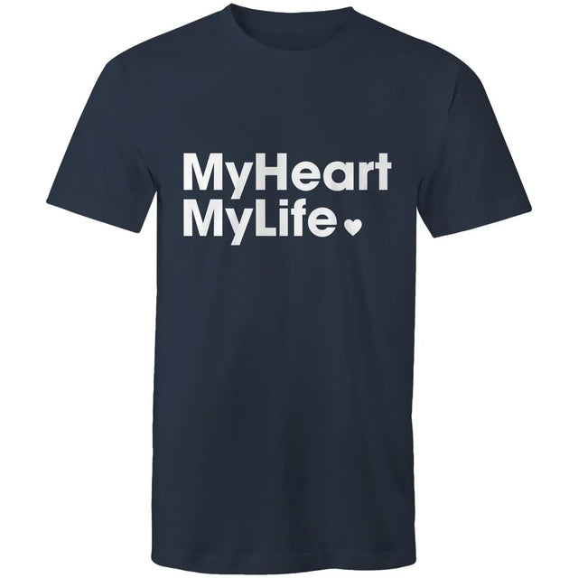 Navy blue t-shirt with 'MyHeart MyLife' text on a white background