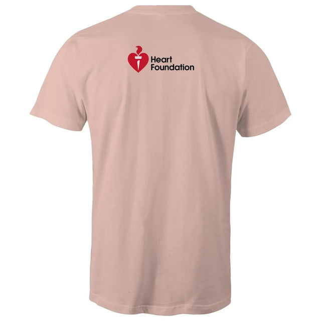 Pale pink t-shirt with Heart Foundation logo on the back against a white background
