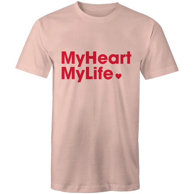 Pale pink t-shirt with red text 'MyHeart MyLife' on a white background.