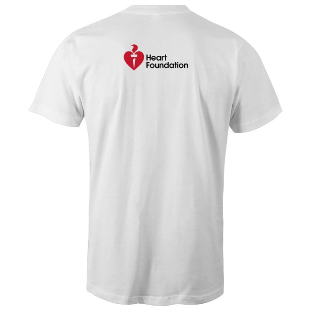 White t-shirt with Heart Foundation logo on the back against a white background