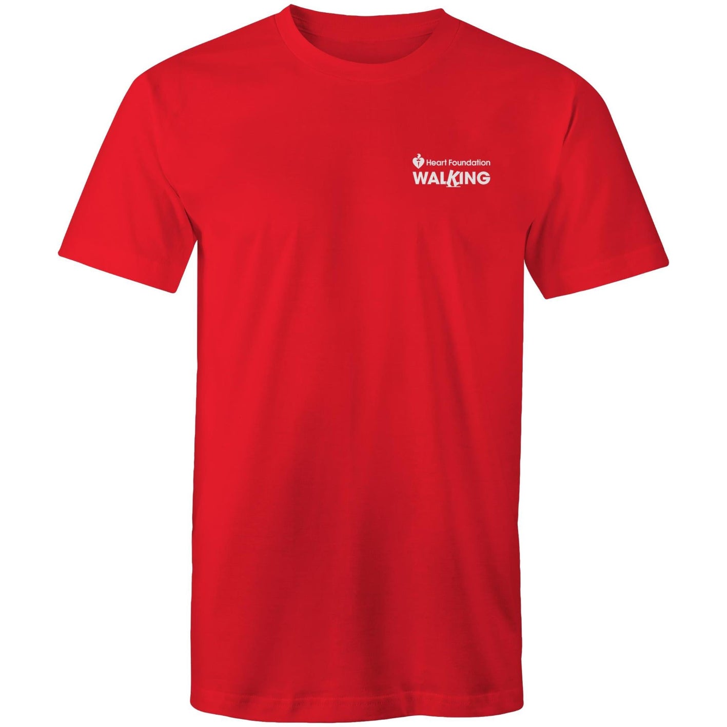 Red unisex Heart Foundation Walking small logo t-shirt on white background.