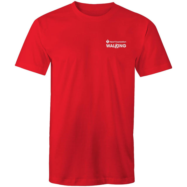 Red unisex Heart Foundation Walking small logo t-shirt on white background.