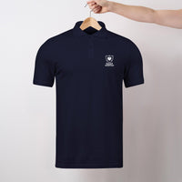 Navy Heart Foundation unisex polo shirt featuring Heart warrior design in white print and displayed on hanger.