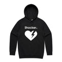 Black hoodie with a white broken-heart graphic and the word 'Shocker' in white.