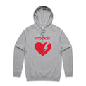 Grey marle hoodie with a red broken-heart graphic and the word 'Shocker' in red.