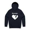 Navy blue hoodie with a white broken-heart graphic and the word 'Shocker' in white.