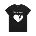 Short-sleeve graphic T-shirt shown on a light gray background: black shirt with a white heart and black lightning bolt graphic and the word 'Shocker' in white.