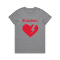 Short-sleeve graphic T-shirt shown on a light gray background: grey marle shirt with a red heart and grey lightning bolt graphic and the word 'Shocker' in red.