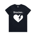 Short-sleeve graphic T-shirt shown on a light gray background: navy blue shirt with a white heart and navy lightning bolt graphic and the word 'Shocker' in white.