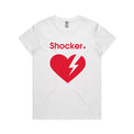 Short-sleeve graphic T-shirt shown on a light gray background: white shirt with a red heart and lightning bolt graphic and the word 'Shocker' in red and a white lightning bolt.
