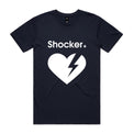 A navy short-sleeve crewneck t-shirt with a white graphic on the front featuring the word 'Shocker' and a broken heart with a lightning bolt inside, shown against a light gray gradient 