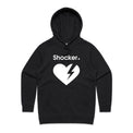 A black pullover hoodie with a white graphic on the chest featuring the word 'Shocker.' above a broken heart with a lightning bolt.