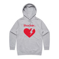 A light gray marle pullover hoodie with a red graphic on the chest featuring the word 'Shocker.' above a broken heart with a lightning bolt.