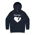 A navy blue pullover hoodie with a white graphic on the chest featuring the word 'Shocker.' above a broken heart with a lightning bolt.