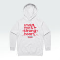 White hoodie with red text 'Small Steps Strong Heart' on a white background